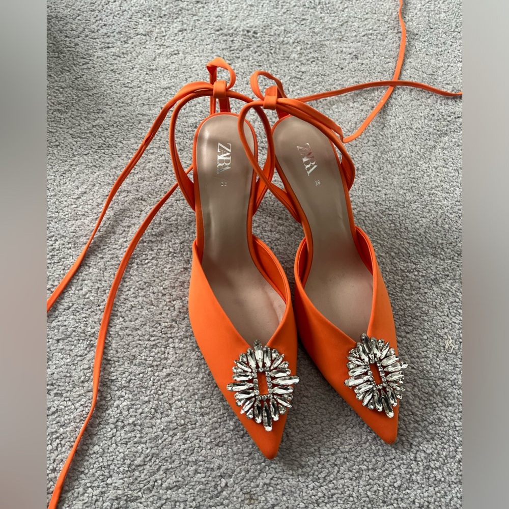 Like New Zara Orange strap heels with jewel design
